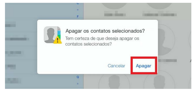 Confirme para deletar os contatos do iPhone
