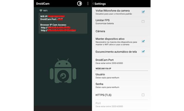 Configurações do DroidCam no celular. (Imagem: Reprodução/Bruno Rodrigues) Configurações do DroidCam no celular. (Imagem: Reprodução/Bruno Rodrigues)