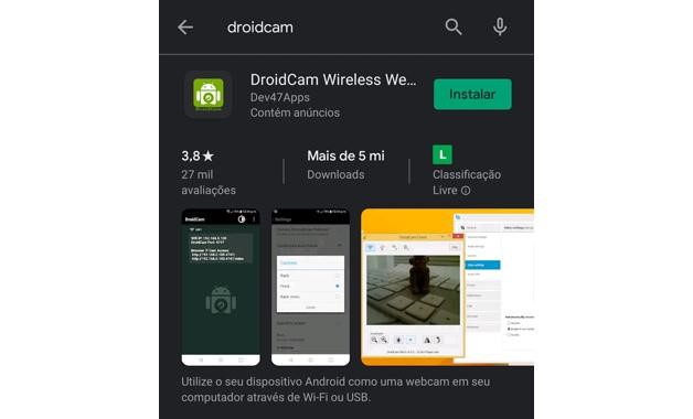 Baixe o DroidCam na Play Store. (Imagem: Reprodução/Bruno Rodrigues) Baixe o DroidCam na Play Store. (Imagem: Reprodução/Bruno Rodrigues)