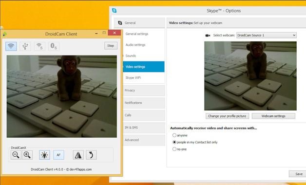 Integrando o DroidCam com o Skype. (Imagem: Divulgação/DroidCam) Integrando o DroidCam com o Skype. (Imagem: Divulgação/DroidCam)