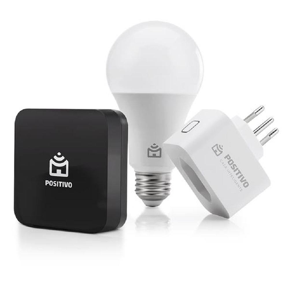 Lâmpada, plug e controle compõem o kit inteligente / Divulgação: Positivo Lâmpada, plug e controle compõem o kit inteligente / Divulgação: Positivo